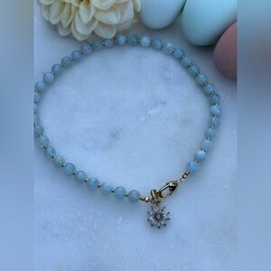 Elegant Gold and Blue Beaded Necklace, Aquamarine